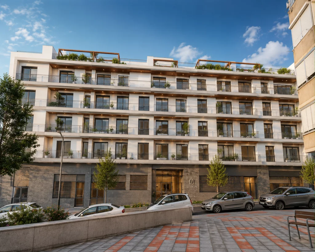 Fachada del edificio de la promoción de obra nueva en Avenida Lisboa N.º12, Ceuta; viviendas con acabados modernos